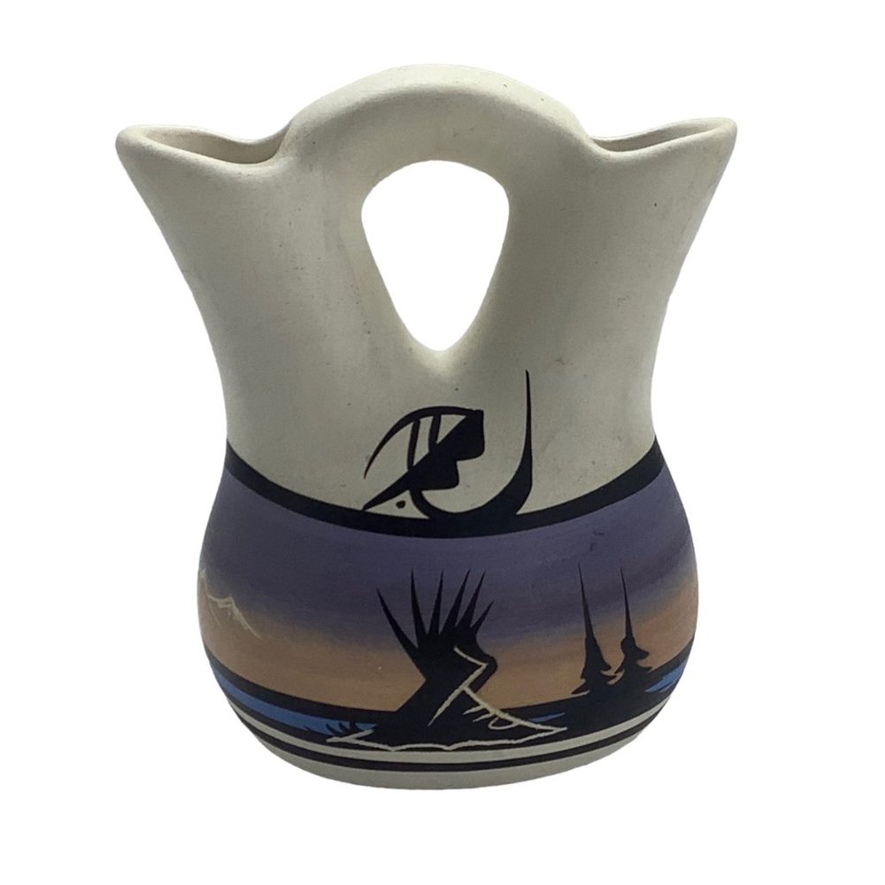 Native American Southwestern Wedding‎ Vase Handpainted Carved Sunset SIGNED 5.5"